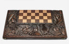 Crowned kings hand-carved on a luxury chess board - close-up