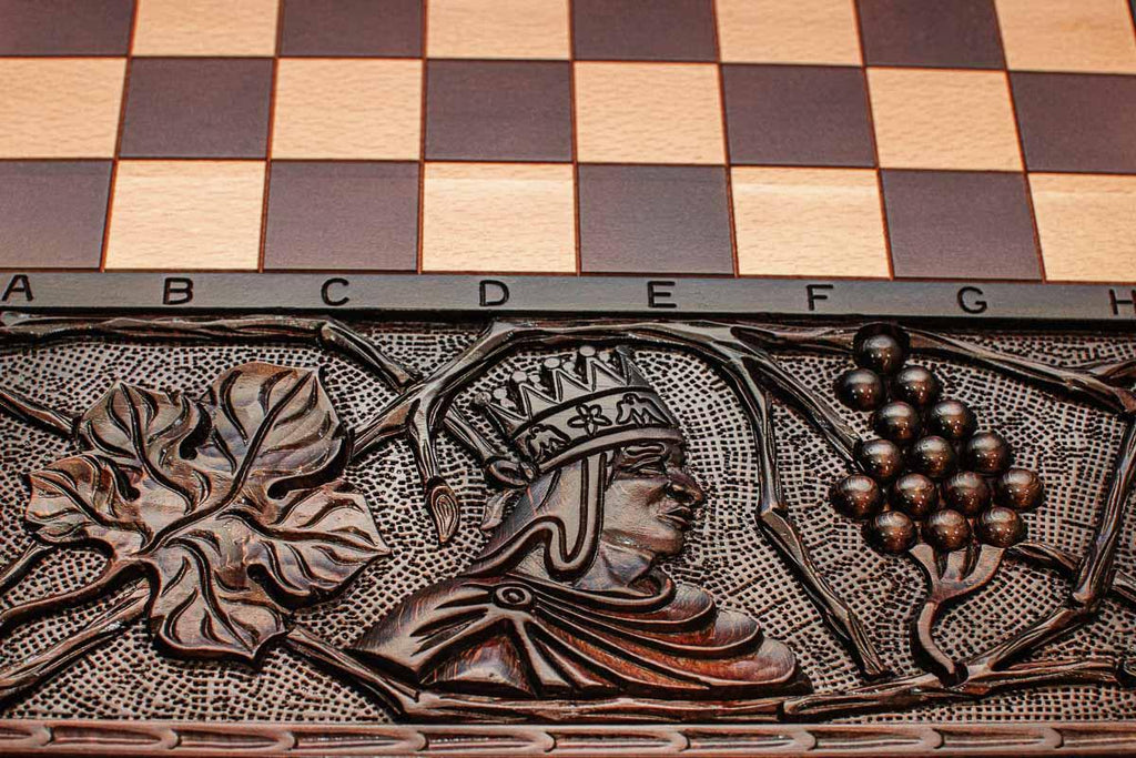Handmade chess set open to the 23.6 inch / 60 cm playing field