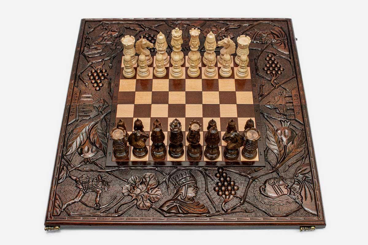 Luxury Chess Set with Carved Kings - handmade wooden chess board