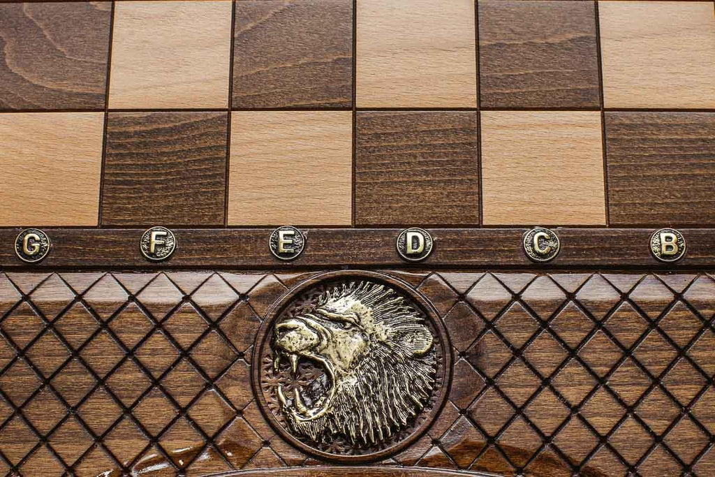 Lion chess and backgammon set folded with bronze hinges and clasps