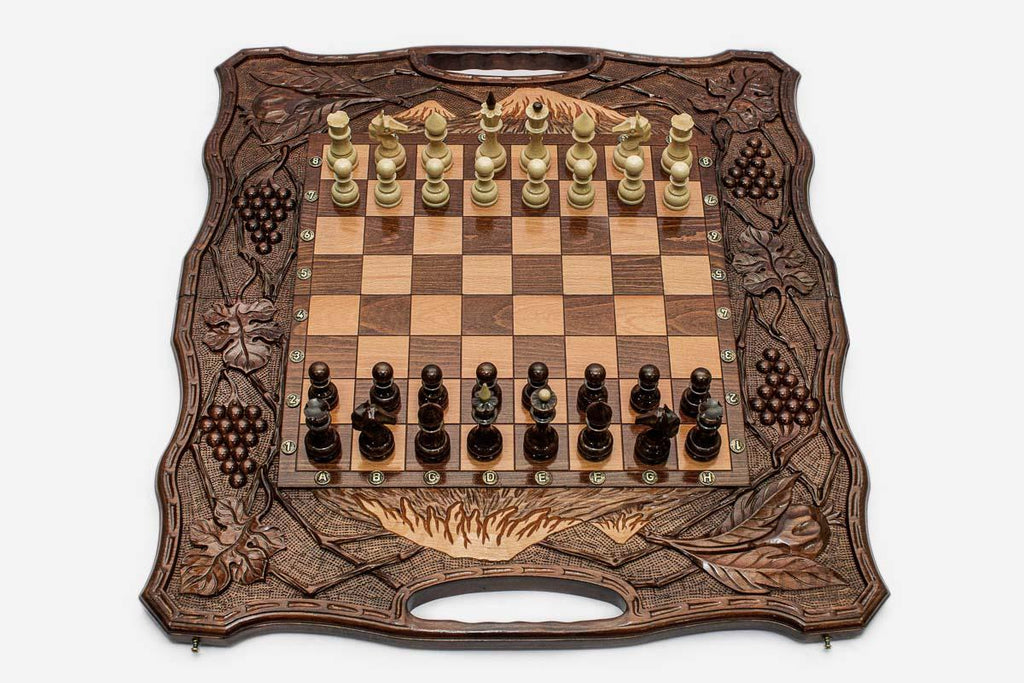 Luxury Armenian Chess Set with Ararat and Pomegranate - handmade combo board
