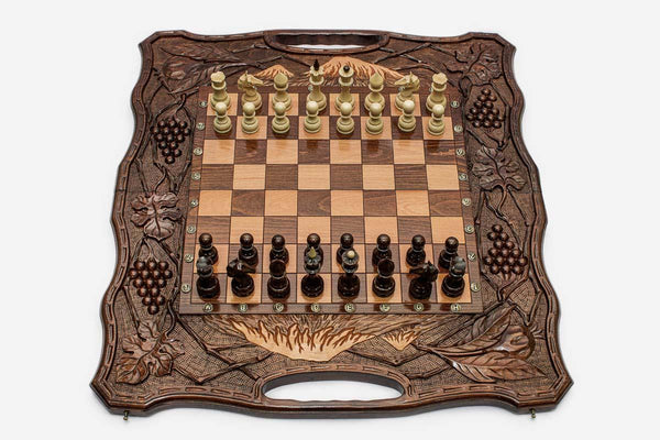 Luxury Armenian Chess Set with Ararat and Pomegranate - handmade combo board