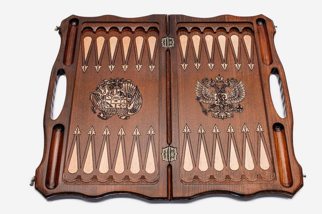 Overhead view of the 60 cm chess board with the full set of light and dark pieces