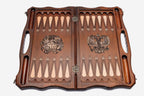 Overhead view of the 60 cm chess board with the full set of light and dark pieces
