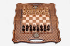 Luxury Russian chess backgammon set with a lattice-carved border, inlaid double-headed eagle and faceted wooden pieces set up for play