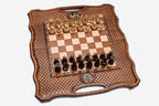 The board opened out to show the backgammon field and its wooden checkers