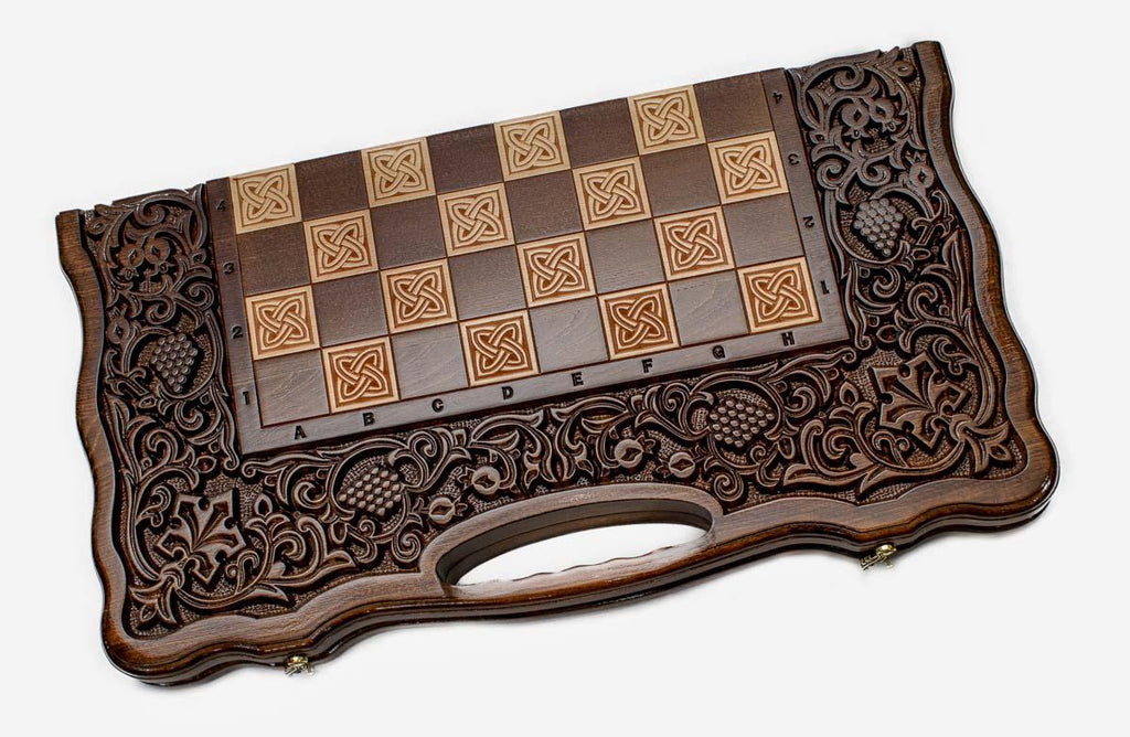 Grand pomegranate and grapevine chess set folded with bronze hinges and clasps