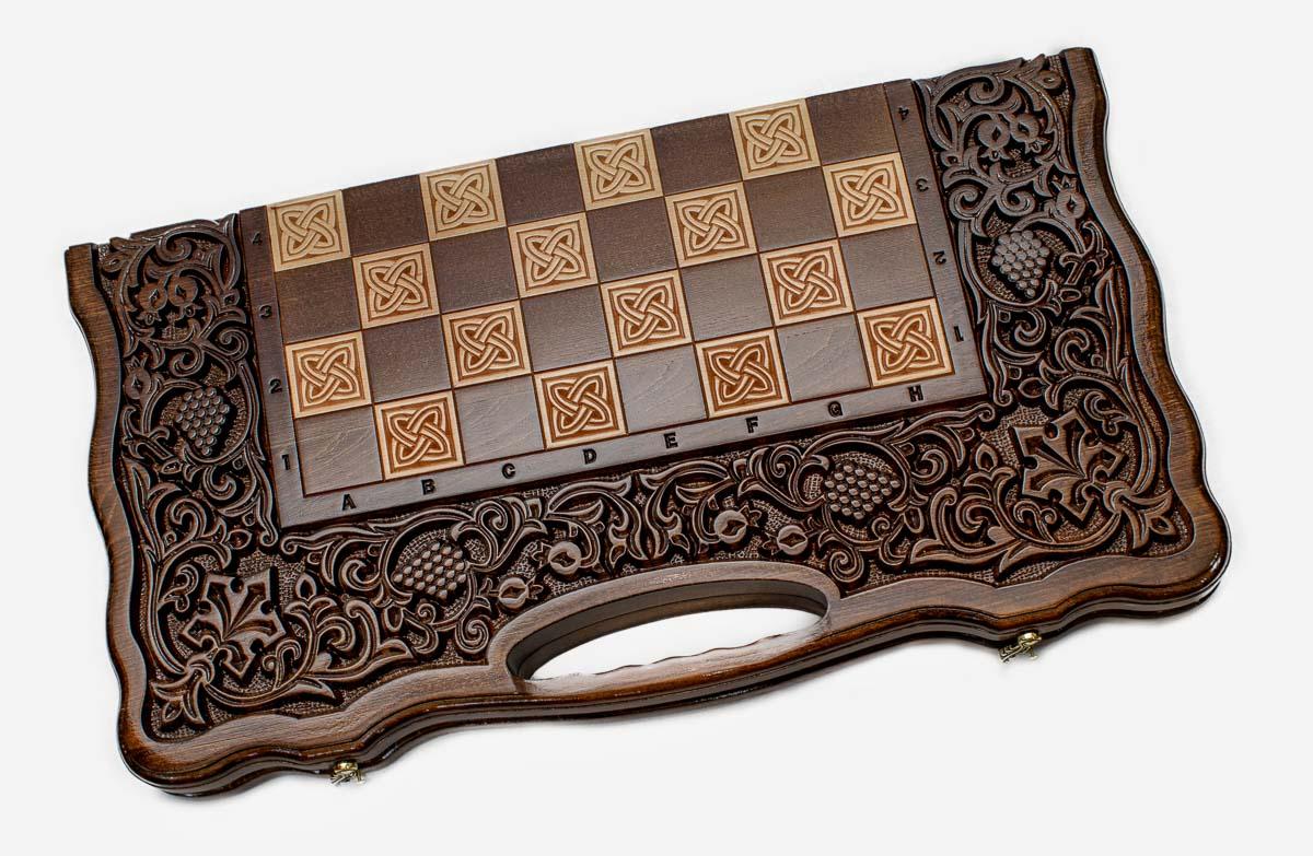 Grand pomegranate and grapevine chess set folded with bronze hinges and clasps