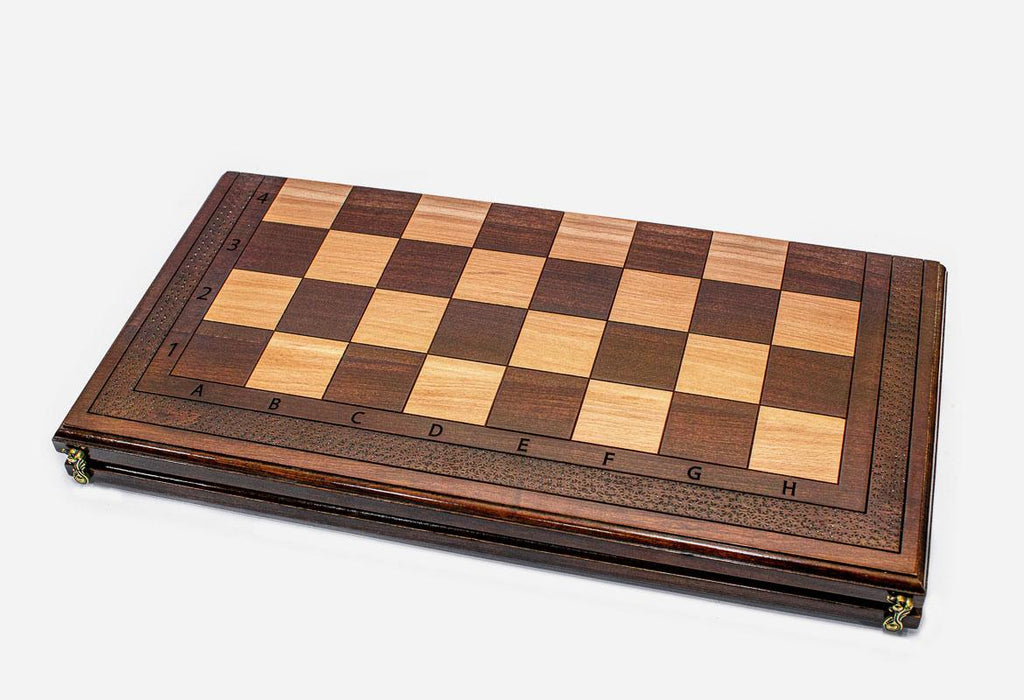 Figural bronze chess pieces on wooden bases - luxury chess set detail