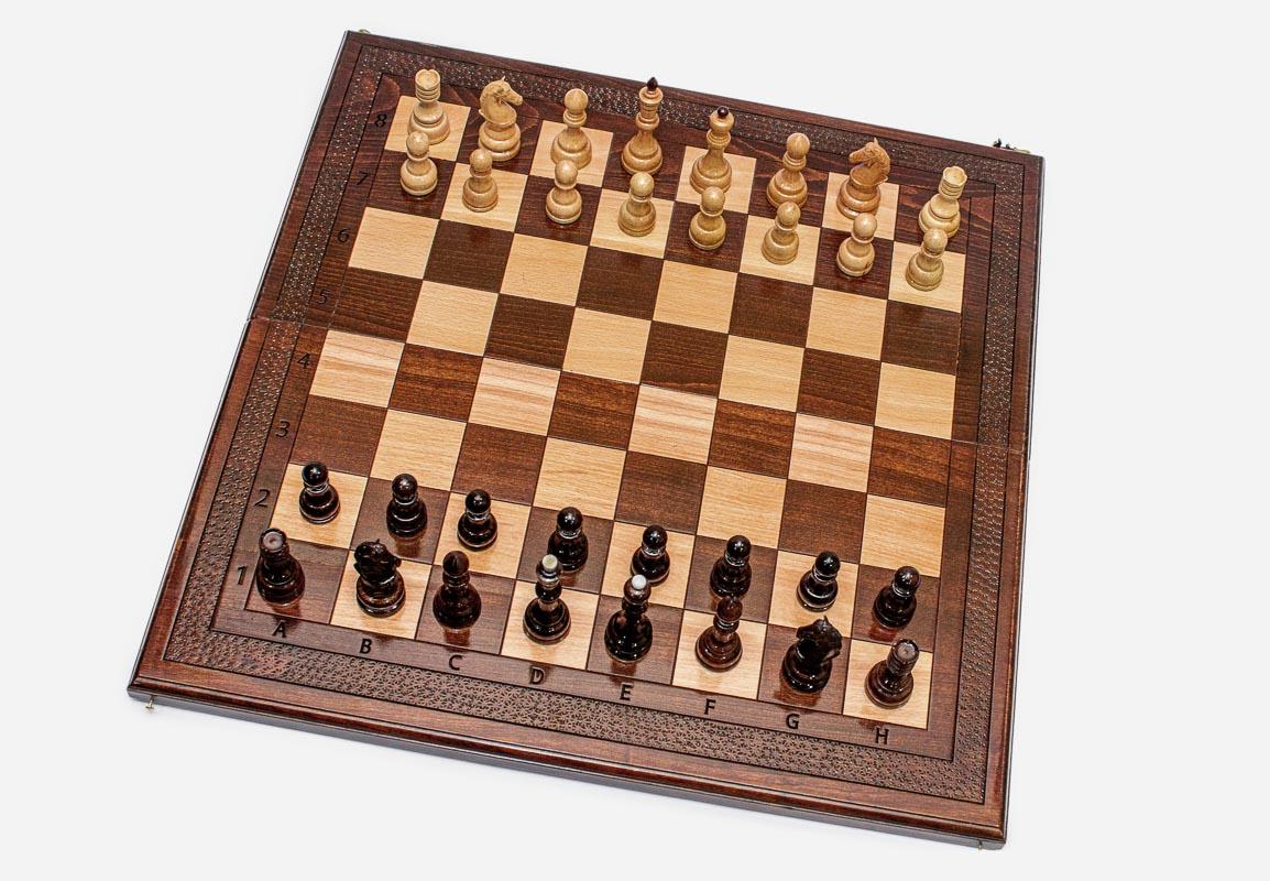 Handmade wooden chess set open to the 23.6 inch / 60 cm playing field