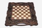 Walnut pomegranate chess set folded with bronze hinges and clasps
