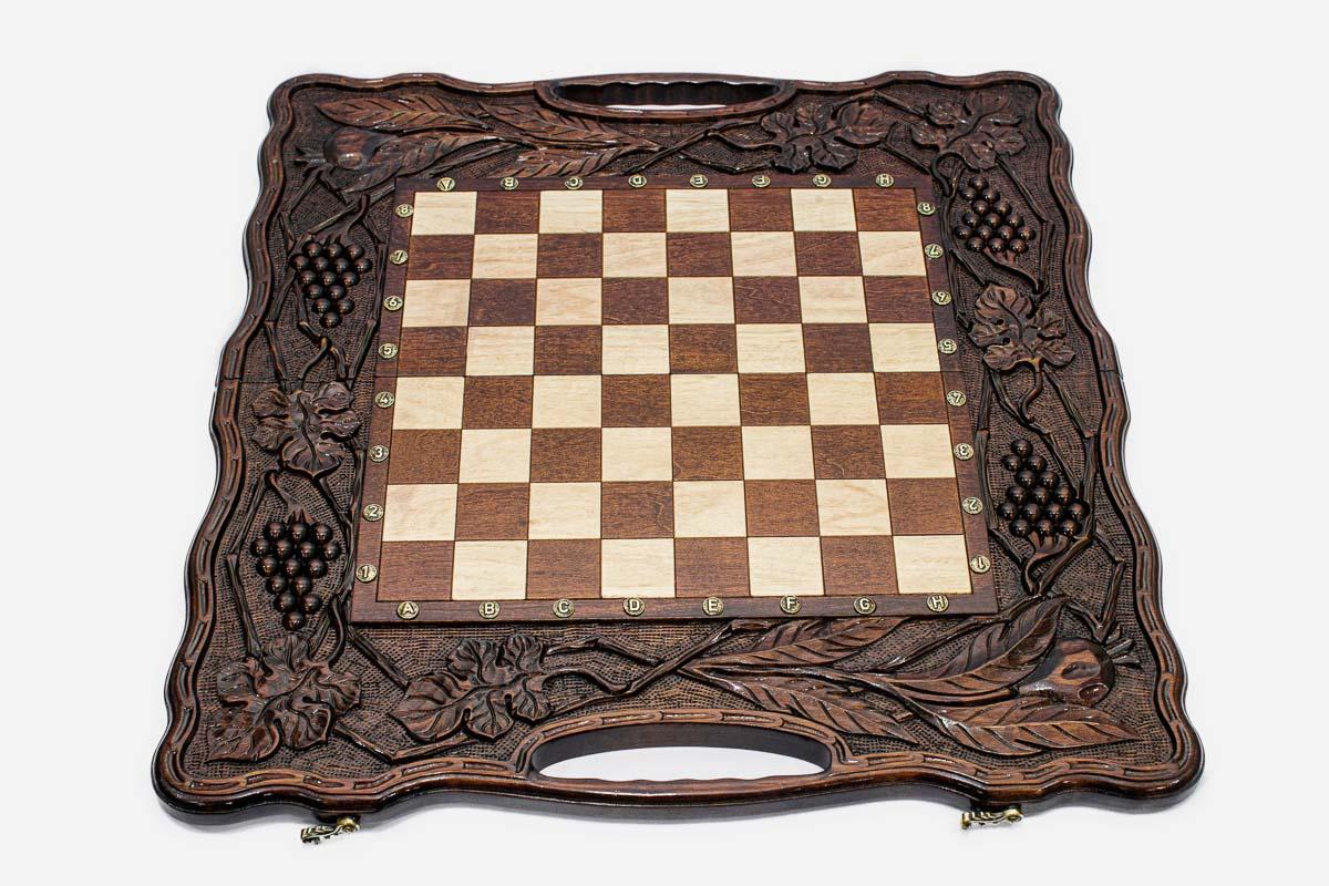Walnut pomegranate chess set folded with bronze hinges and clasps