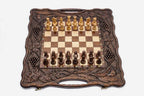Luxury Walnut Chess Set with Pomegranate and Grapevine - handmade combo board