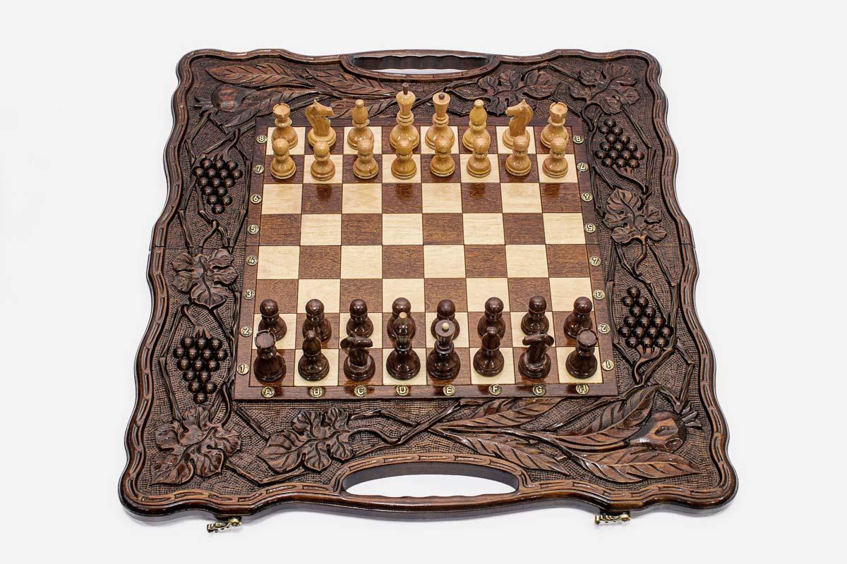 Luxury Walnut Chess Set with Pomegranate and Grapevine - handmade combo board