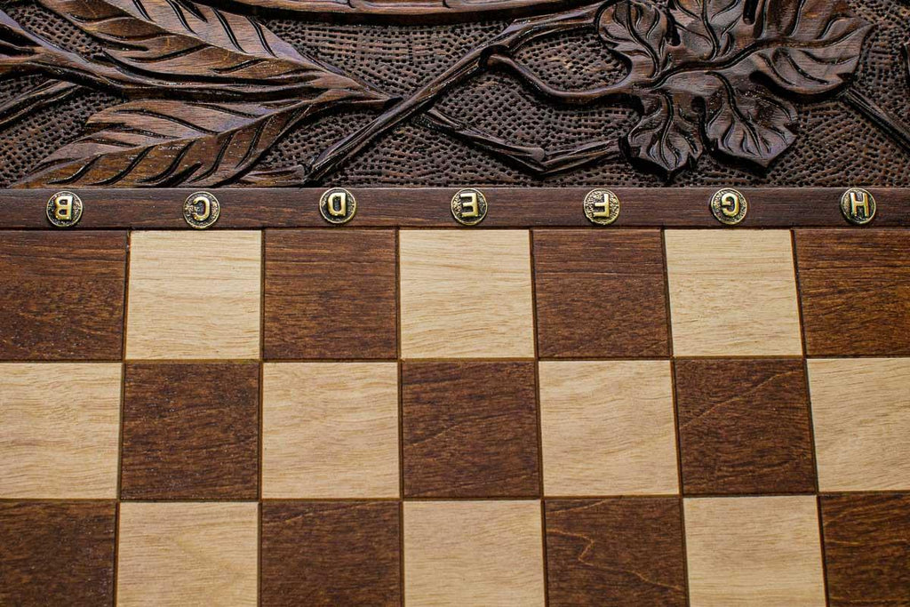 Carved abundance motifs on solid walnut - side view