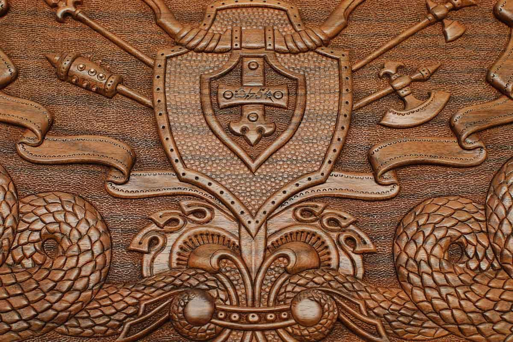 The backgammon board opened to show the wooden playing surface