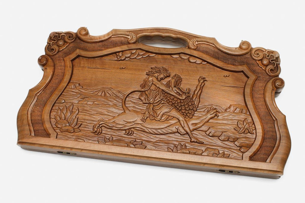 Master-carved walnut backgammon board with Mher tearing the lion's mane, propped open