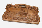 Master-carved walnut backgammon board with Mher tearing the lion's mane, propped open