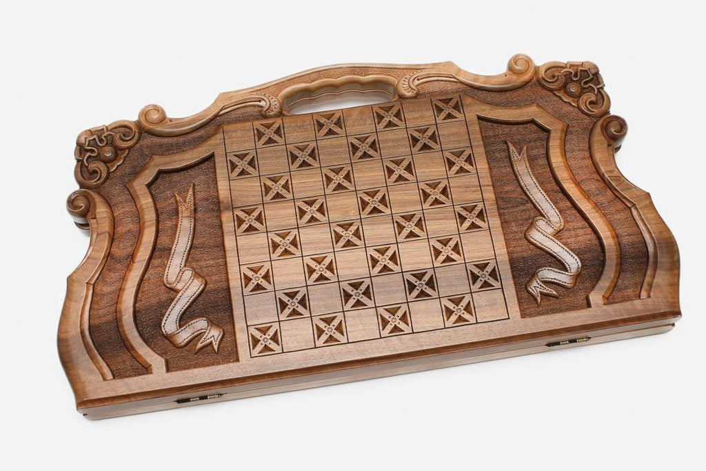 Angled view of the Mher and the lion master walnut backgammon board