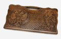 Carved beechwood backgammon board with the Russian coat of arms and a carry handle, propped open
