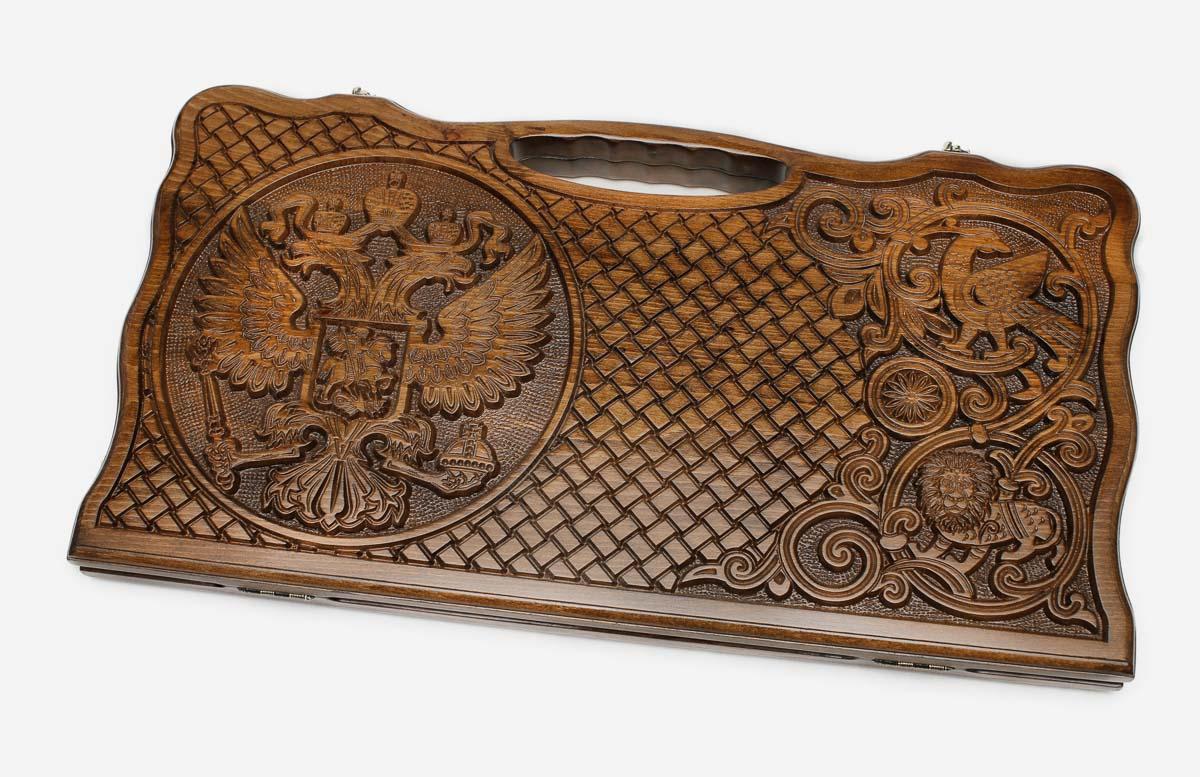 Carved beechwood backgammon board with the Russian coat of arms and a carry handle, propped open