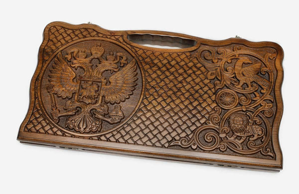 Carved beechwood backgammon board with the Russian coat of arms and a carry handle, propped open