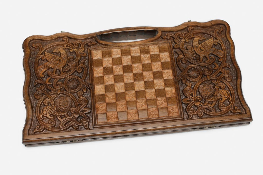 Angled view of the Russian coat of arms carved backgammon board
