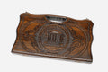 Compact carved backgammon board with the Temple of Garni and a carry handle, propped open