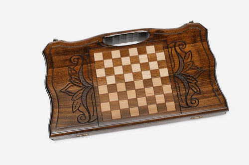Angled view of the Garni temple compact backgammon board