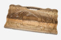 Carved walnut backgammon board with the Temple of Garni, pomegranates and grapes, propped open