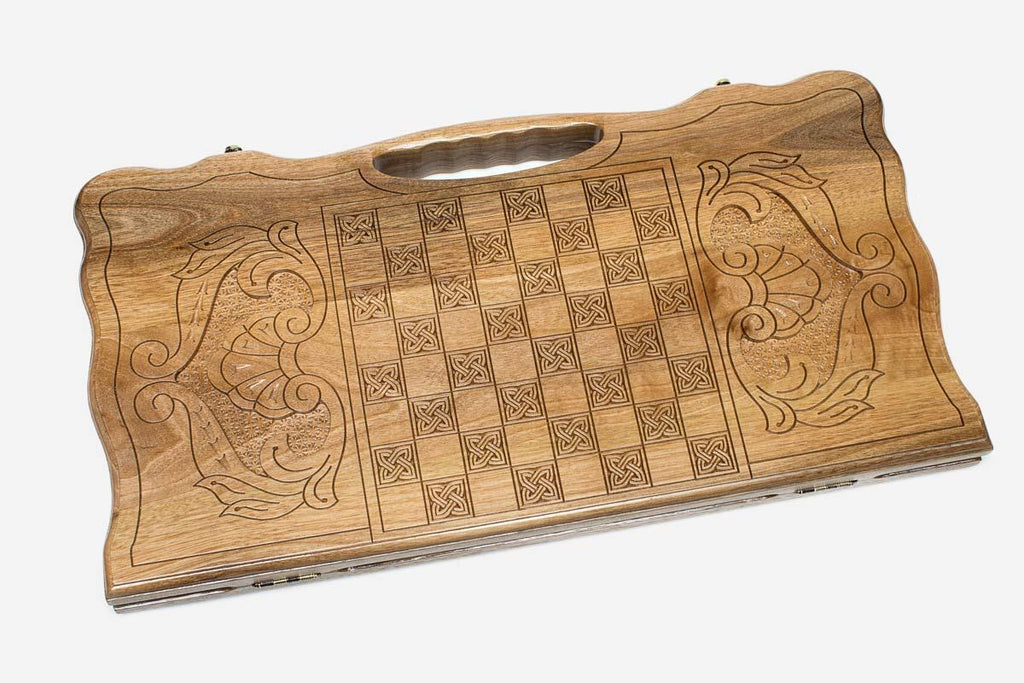 Angled view of the Garni temple walnut backgammon board