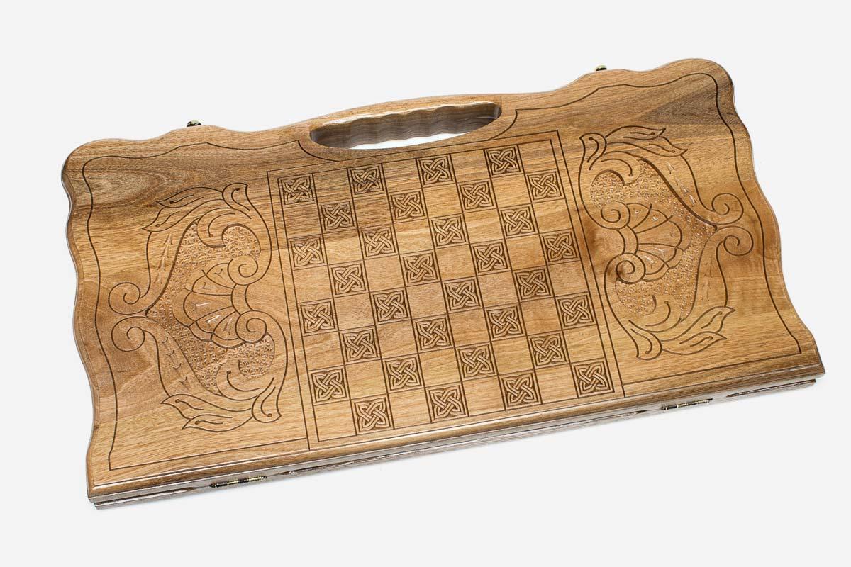 Angled view of the Garni temple walnut backgammon board