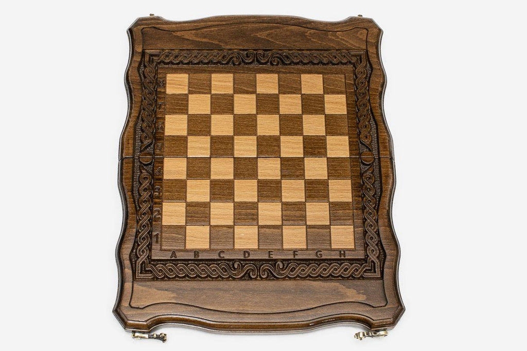 Handmade wooden chess set open to the 11.8 inch / 30 cm playing field