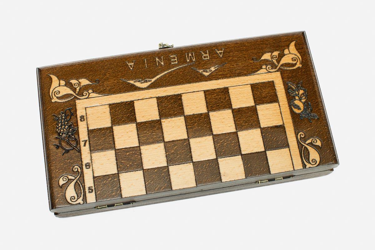 Compact Ararat chess set folded with bronze hinges and clasps