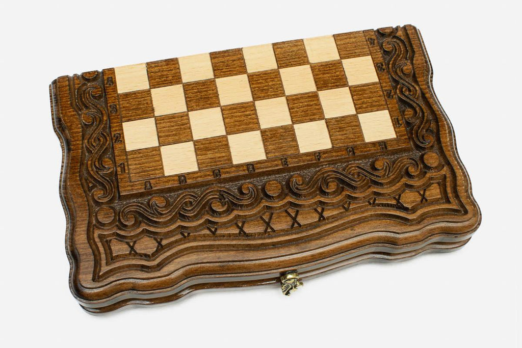 Compact ornament chess set folded with bronze hinges and clasps