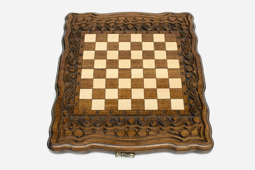 Handmade wooden chess set open to the 11.8 inch / 30 cm playing field