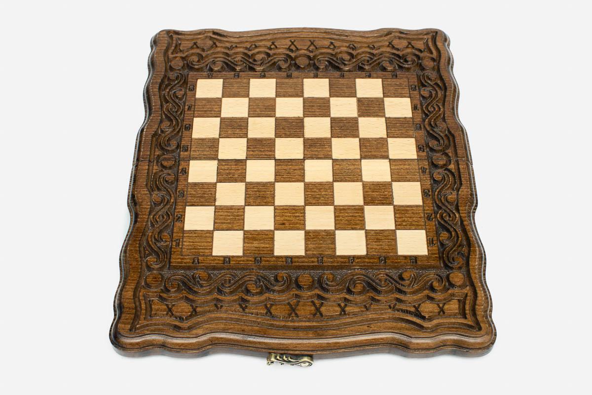 Handmade wooden chess set open to the 11.8 inch / 30 cm playing field