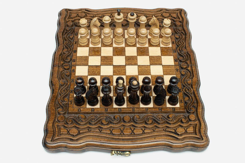 Travel Chess Set with Ornaments - handmade wooden chess set