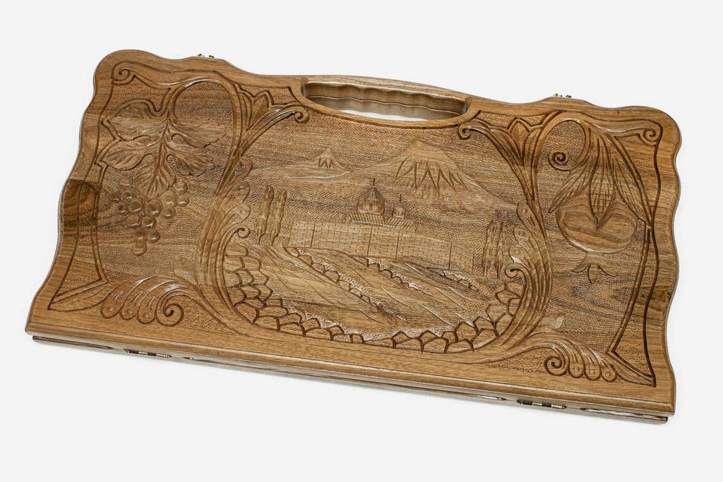 Carved walnut backgammon board with a scene of Mount Ararat and Khor Virap monastery, propped open