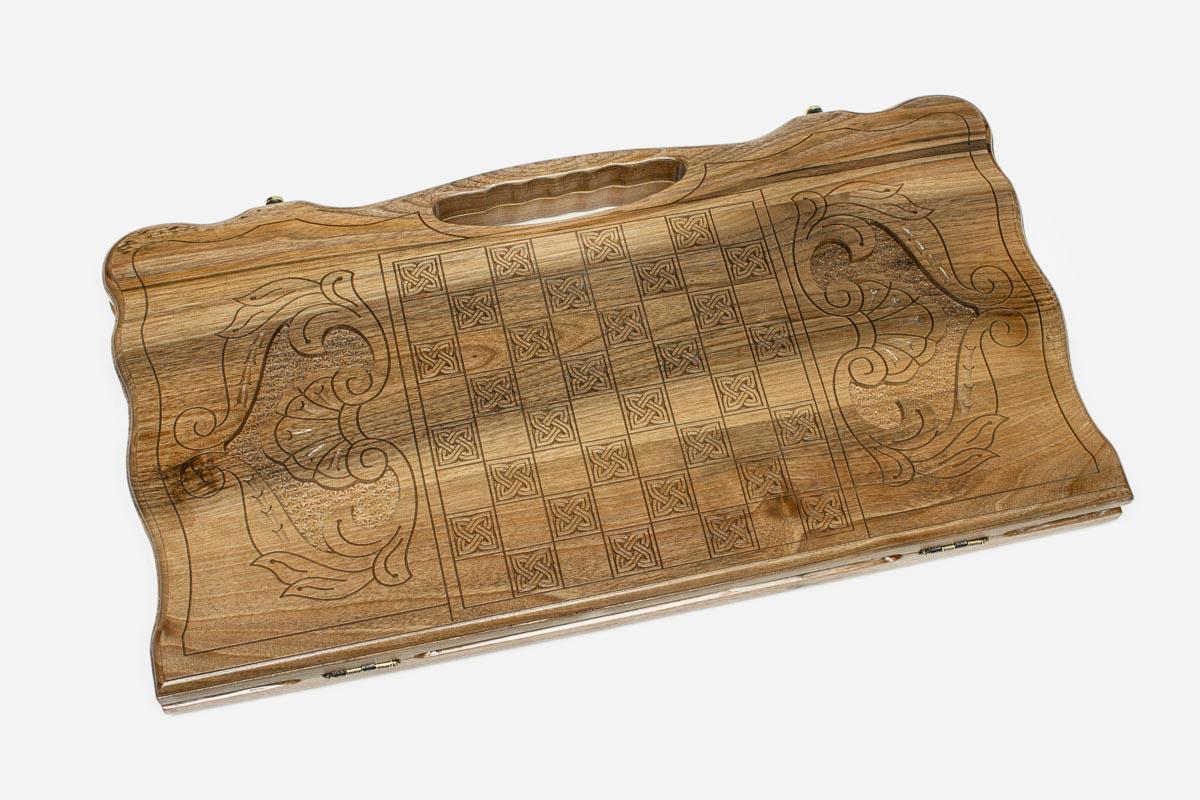 Angled view of the Ararat and Khor Virap walnut backgammon board