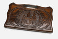Compact carved backgammon board with Etchmiadzin Cathedral and a carry handle, propped open