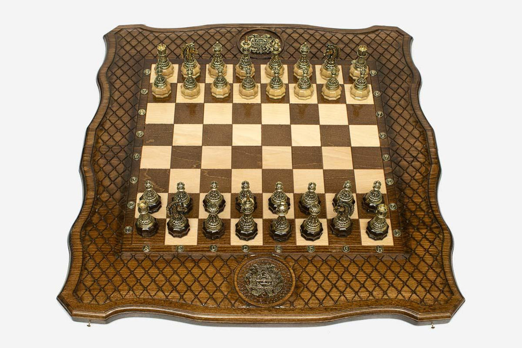 Armenian Chess Set with Coat of Arms and Bronze Pieces - handmade chess board