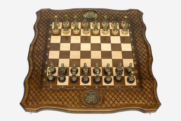 Armenian Chess Set with Coat of Arms and Bronze Pieces - handmade chess board