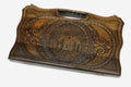 Compact carved backgammon board with the Saint Hripsime Church and a carry handle, propped open