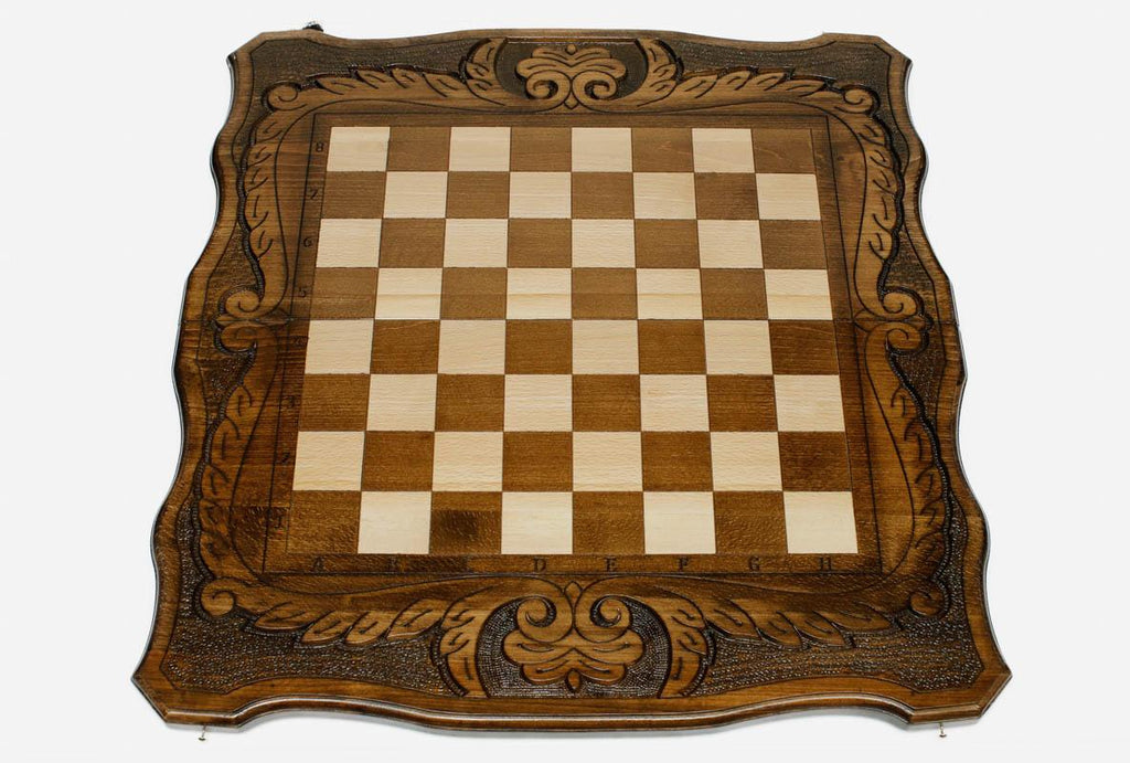 Handmade wooden chess set open to the 23.6 inch / 60 cm playing field