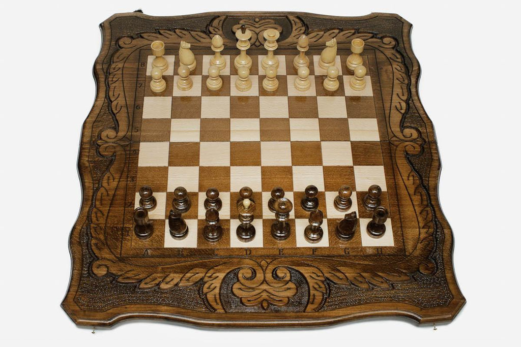 Luxury chess set with carved ornaments, 23.6 inch / 60 cm - handmade board