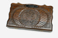 Compact carved backgammon board with the Russian coat of arms and a carry handle, propped open