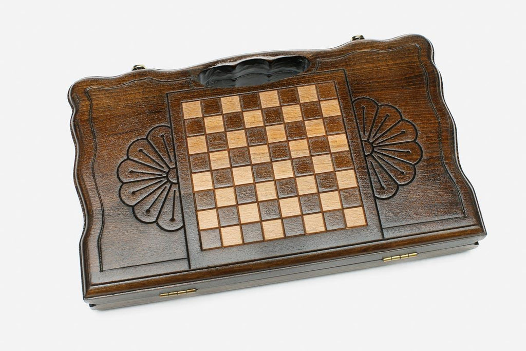Angled view of the mini Russian coat of arms backgammon board