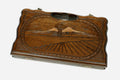 Compact carved backgammon board with Mount Ararat and a carry handle, propped open