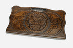 Carved backgammon board with the Russian coat of arms and a carry handle, propped open